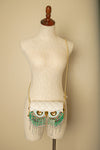 Quilted White & Gold Owl Face Crossbody Purse w/ Green and Pink Beads