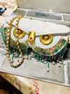 Quilted White & Gold Owl Face Crossbody Purse w/ Green and Pink Beads