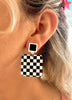 80s Retro Style Checkered RaceTrac Black and White Square Earrings