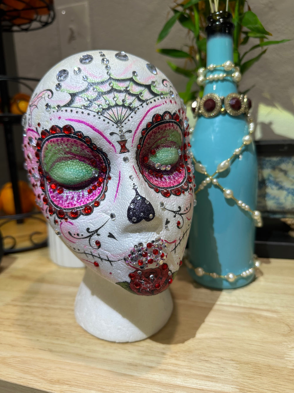 Handmade - OOAK - Mannequin Foam Head - Rhinestone - Dia De Los Muertos - Home Decor - Zombie - House Warming Gift