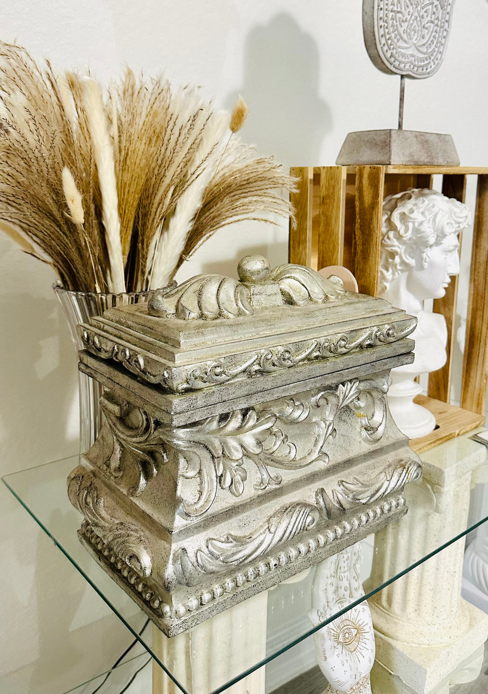 Victorian Hollywood Regency Baroque Style Jewelry Trinket Storage Carved Pewter Silver Box