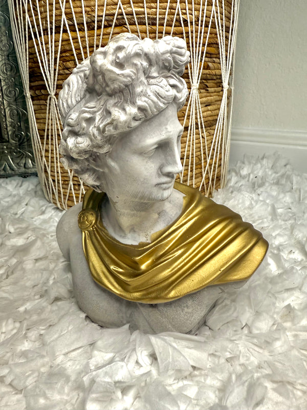 Greek Mythology Stone & Gold God Apollo Bust Art Home Decor Hollywood Regency Vintage Style Shabby Chic Statue