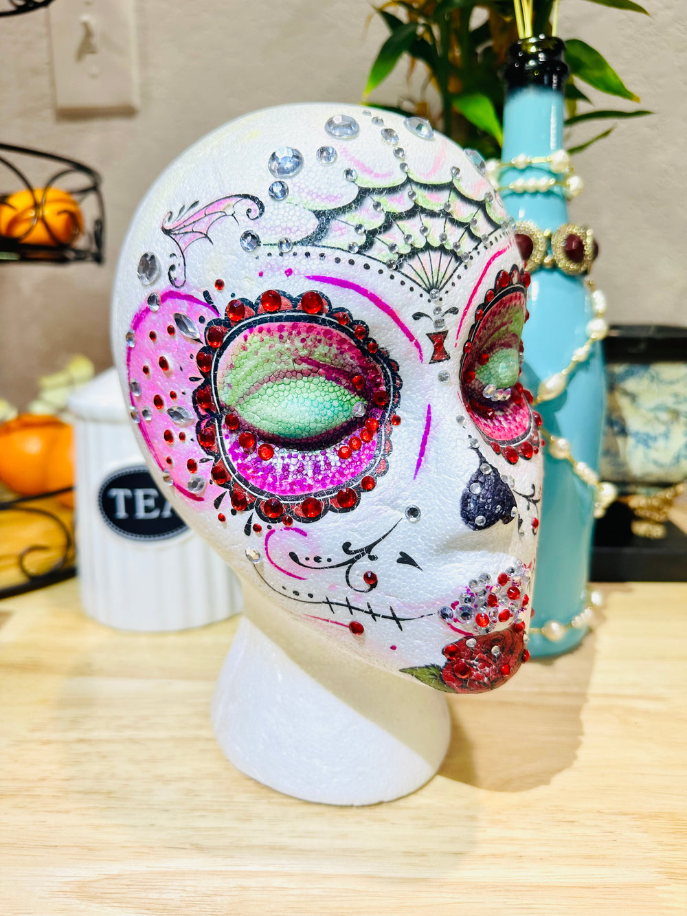 Handmade OOAK Mannequin Foam Head Rhinestone Dia De Los Muertos Home Decor Zombie