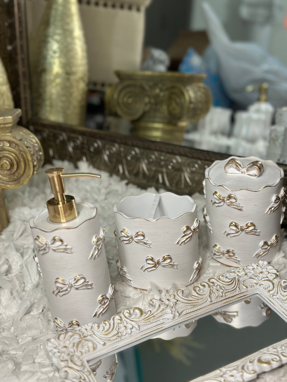Bathroom 3 Piece Set Toothbrush Lotion~ Cotton ~ Swab Holder Shabby Chic Golden Bow Victorian Hollywood Regency