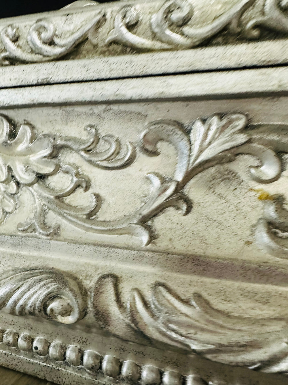 Victorian Hollywood Regency Baroque Style Jewelry Trinket Storage Carved Pewter Silver Box