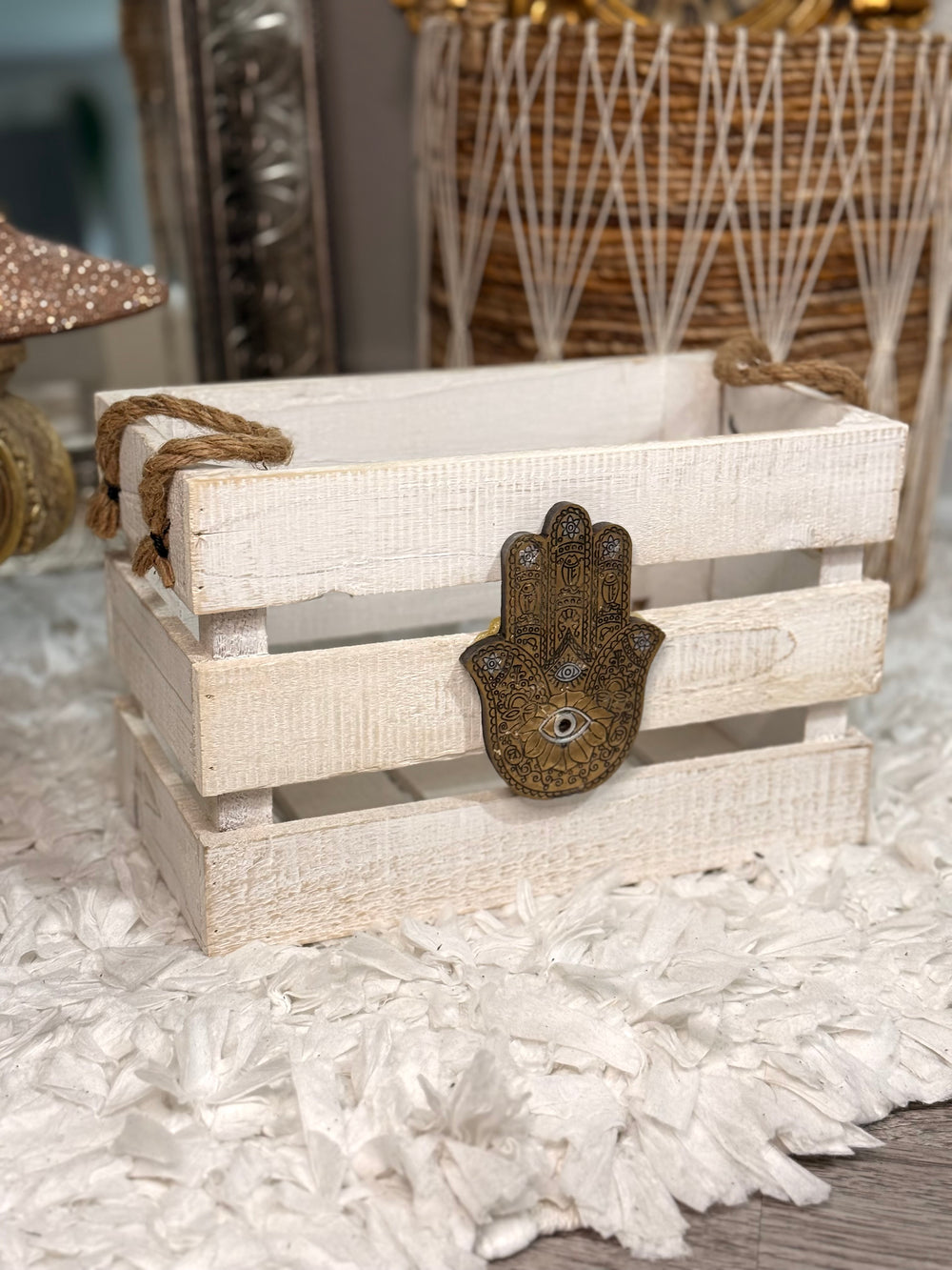 Antique Gold Hand Painted Hamsa w/ All Seeing Eye Adornment Wooden Crate ~Organizer Box