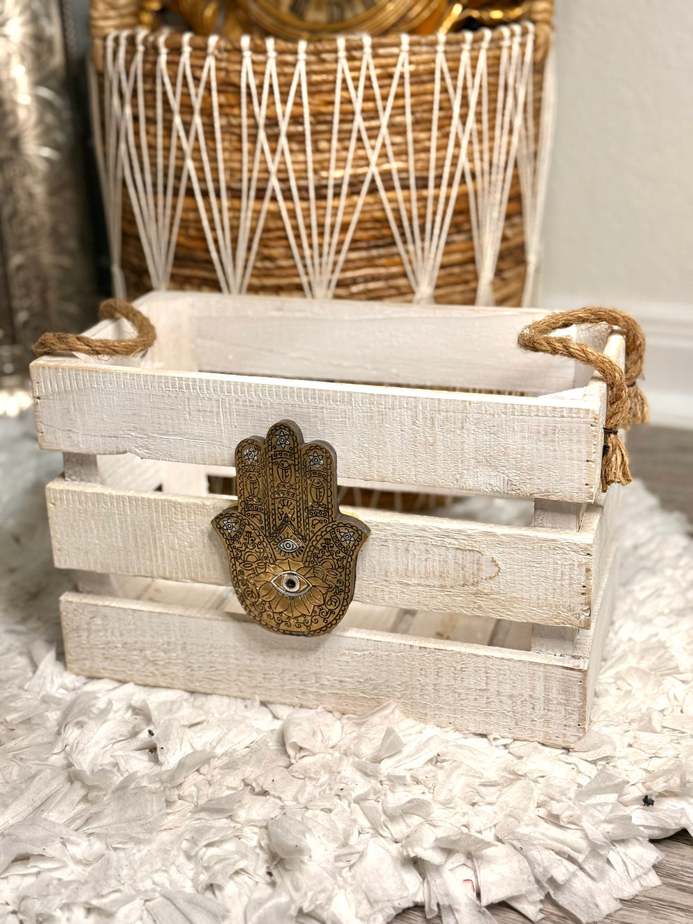 Antique Gold Hand Painted Hamsa w/ All Seeing Eye Adornment Wooden Crate ~Organizer Box