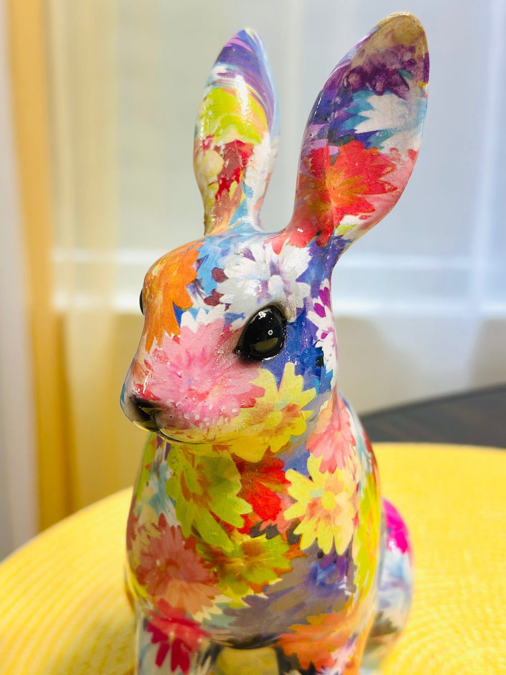 Country Vintage Style Multi Colored Floral Pattern Easter Bunny Figurine Home Decor Retro
