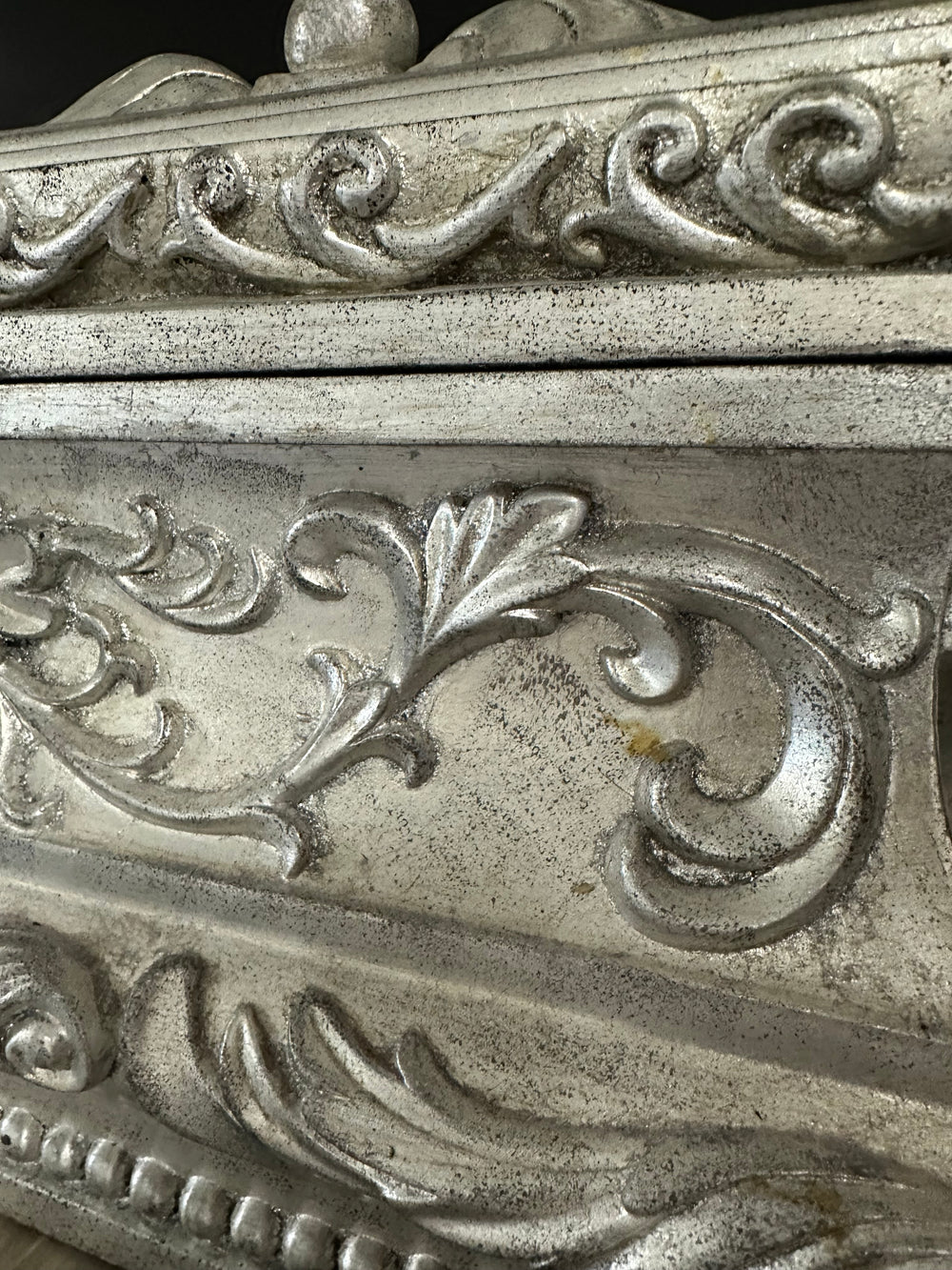 Victorian Hollywood Regency Baroque Style Jewelry Trinket Storage Carved Pewter Silver Box