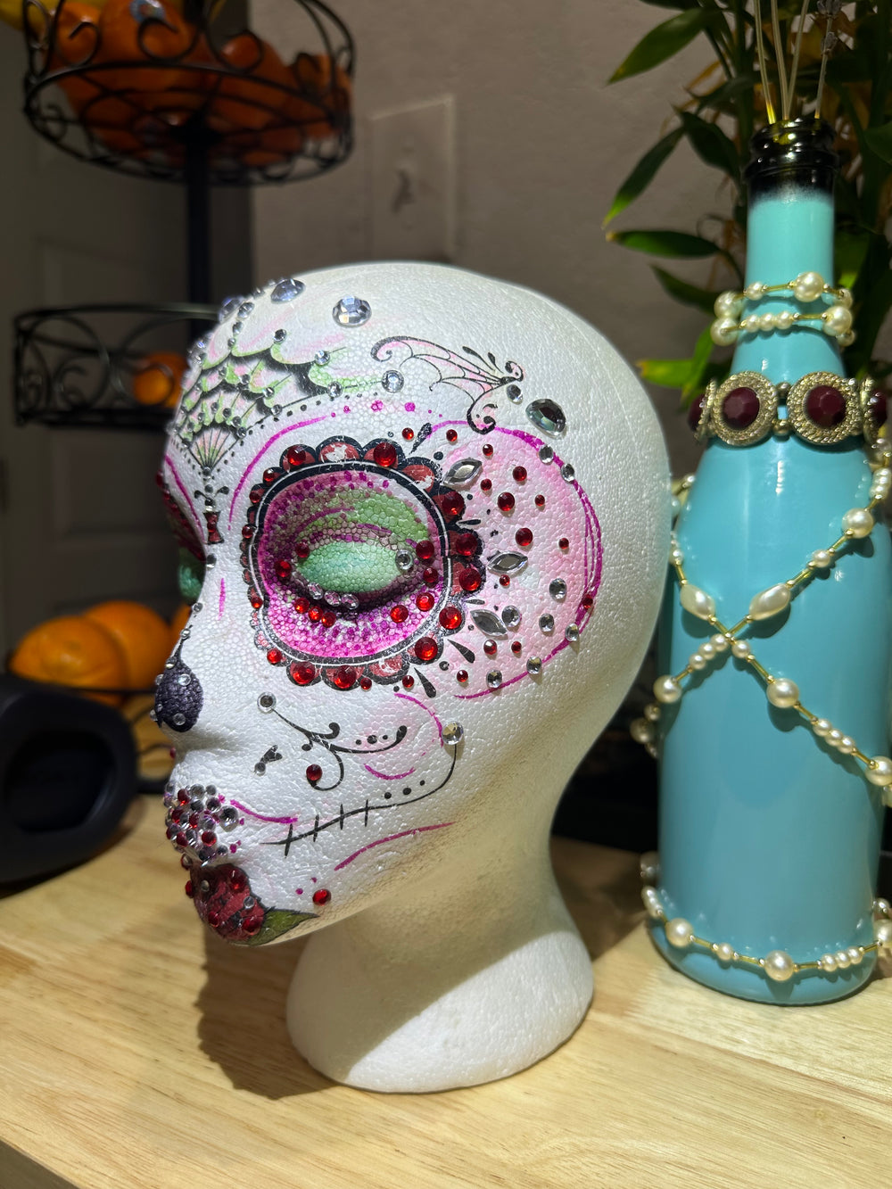 Handmade - OOAK - Mannequin Foam Head - Rhinestone - Dia De Los Muertos - Home Decor - Zombie - House Warming Gift