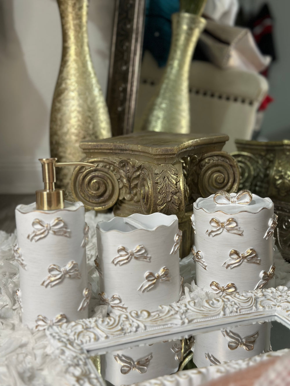 Bathroom 3 Piece Set Toothbrush Lotion~ Cotton ~ Swab Holder Shabby Chic Golden Bow Victorian Hollywood Regency