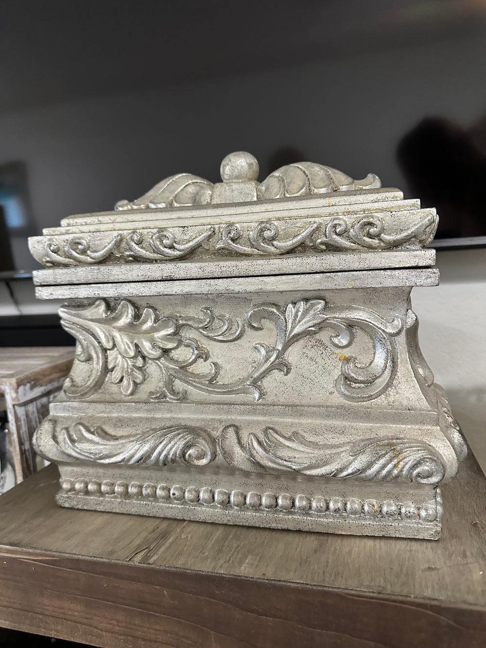 Victorian Hollywood Regency Baroque Style Jewelry Trinket Storage Carved Pewter Silver Box