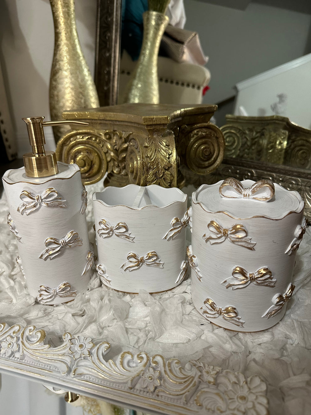Bathroom 3 Piece Set Toothbrush Lotion~ Cotton ~ Swab Holder Shabby Chic Golden Bow Victorian Hollywood Regency