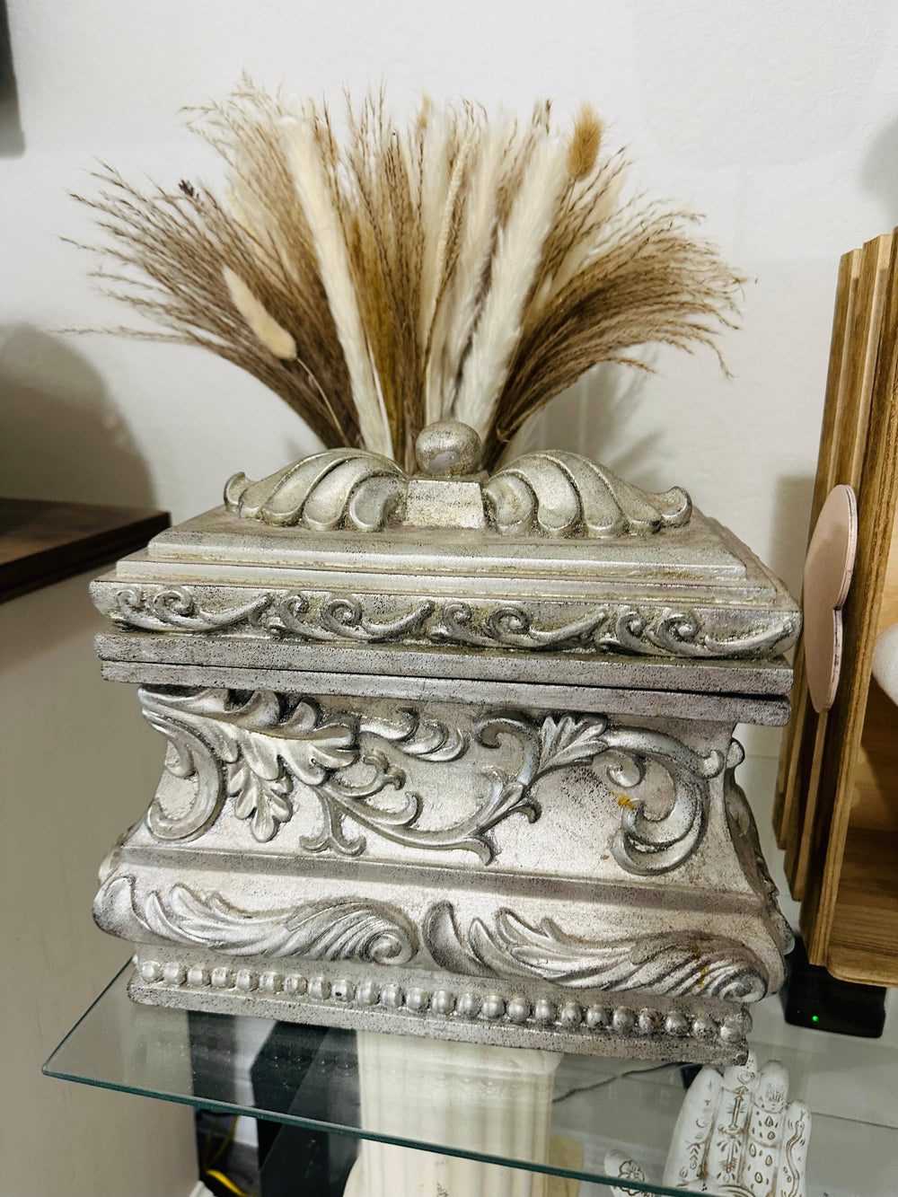 Victorian Hollywood Regency Baroque Style Jewelry Trinket Storage Carved Pewter Silver Box