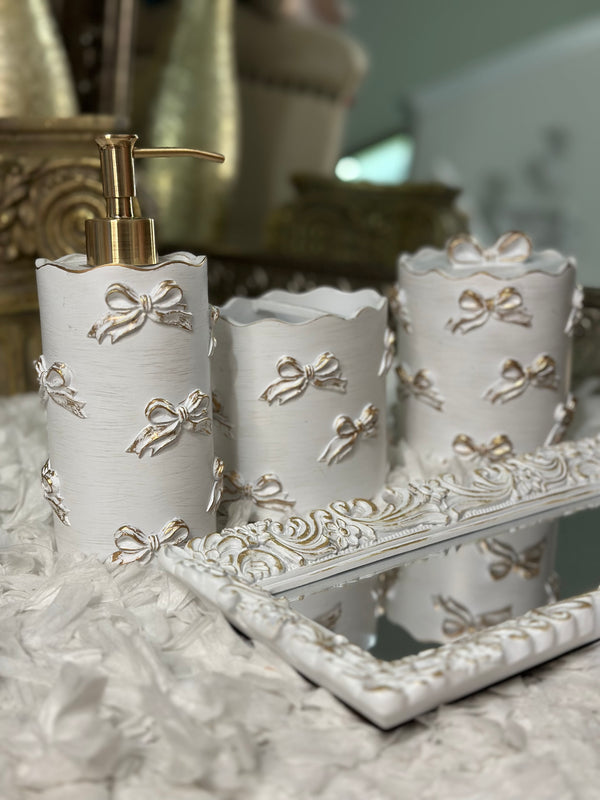 Bathroom 3 Piece Set Toothbrush Lotion~ Cotton ~ Swab Holder Shabby Chic Golden Bow Victorian Hollywood Regency