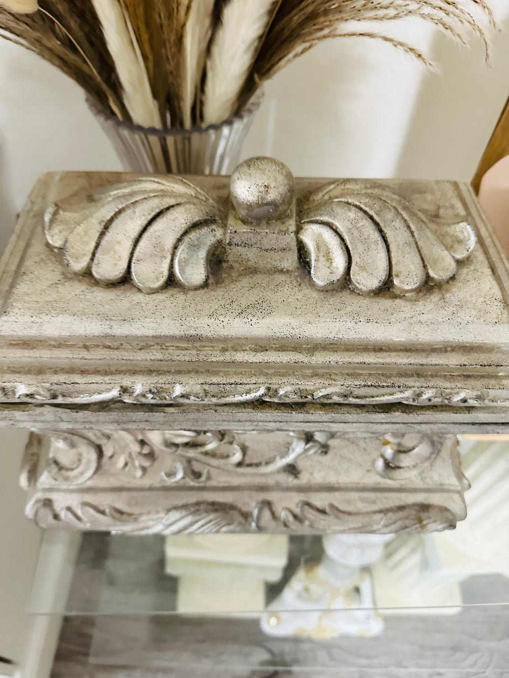 Victorian Hollywood Regency Baroque Style Jewelry Trinket Storage Carved Pewter Silver Box