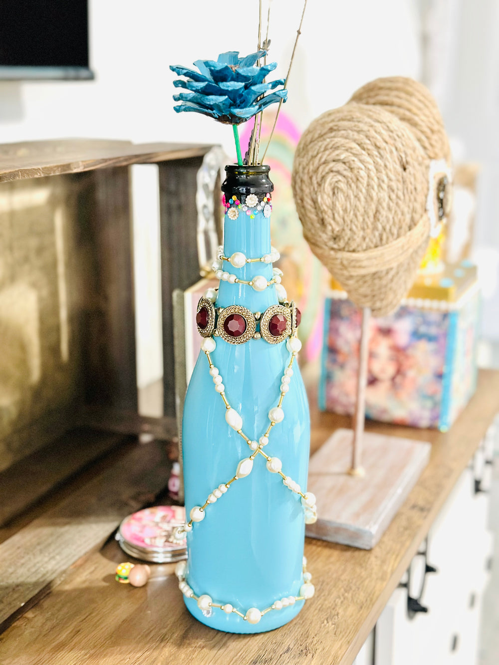 Repurposed - Blue Wine Bottle with Jewels - Home Decor - Table Decoration - Bejewled - Home Decoration Oddities - Flower Vase - Boho Decor