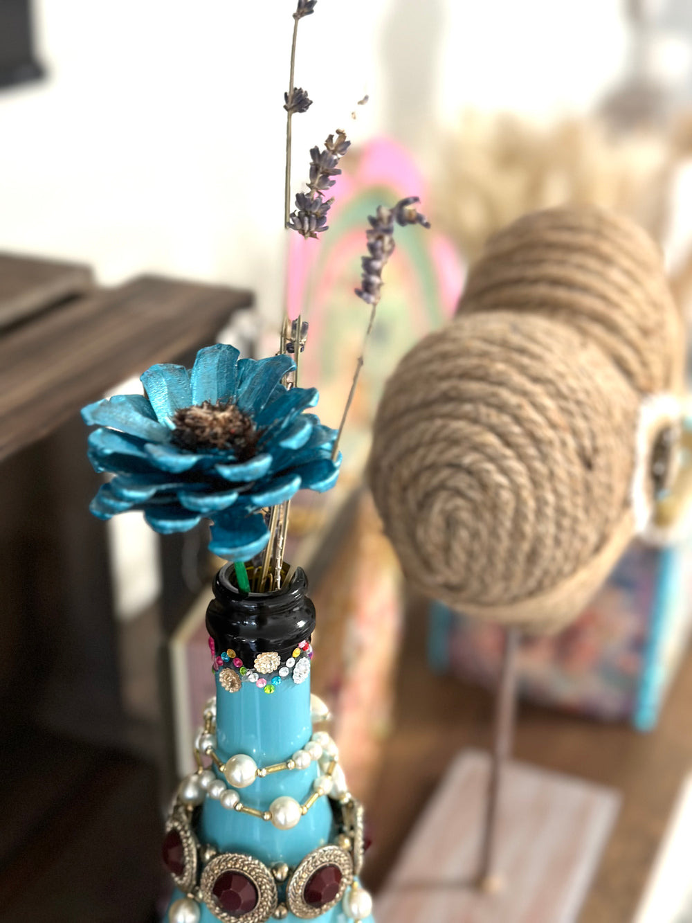 Repurposed - Blue Wine Bottle with Jewels - Home Decor - Table Decoration - Bejewled - Home Decoration Oddities - Flower Vase - Boho Decor