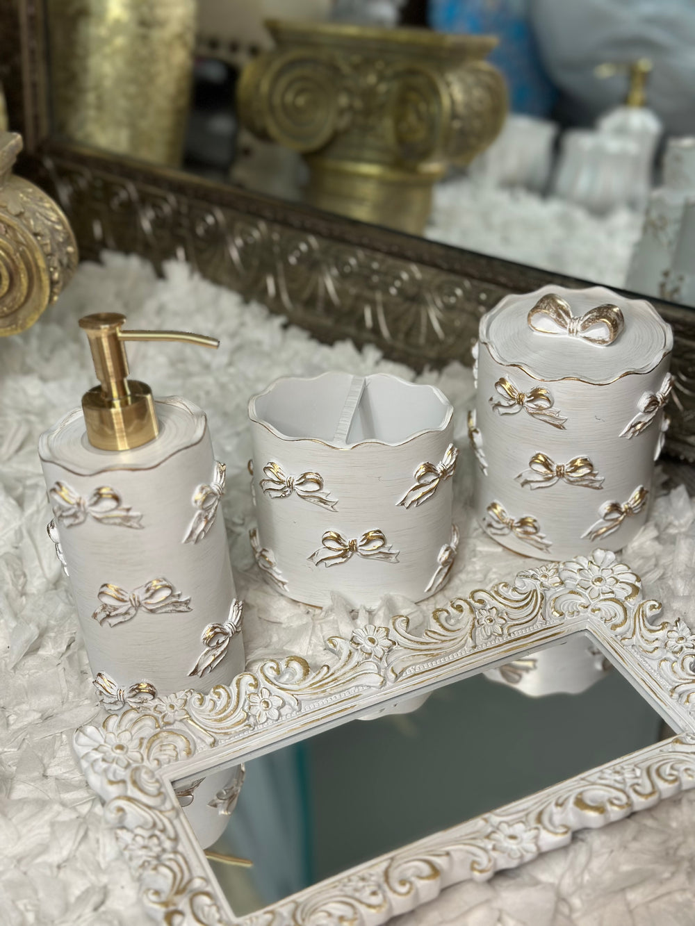 Bathroom 3 Piece Set Toothbrush Lotion~ Cotton ~ Swab Holder Shabby Chic Golden Bow Victorian Hollywood Regency