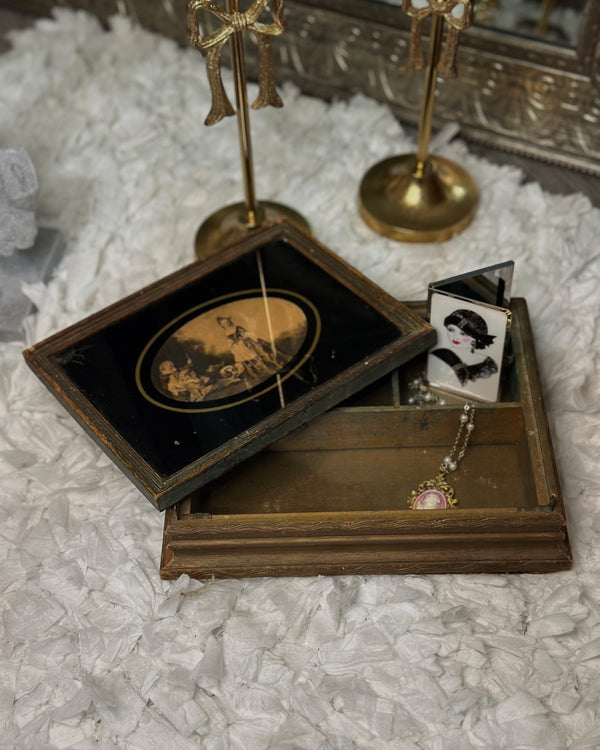 Antique Victorian Wood Trinket Jewelry Box Mirror Gold 19th Century