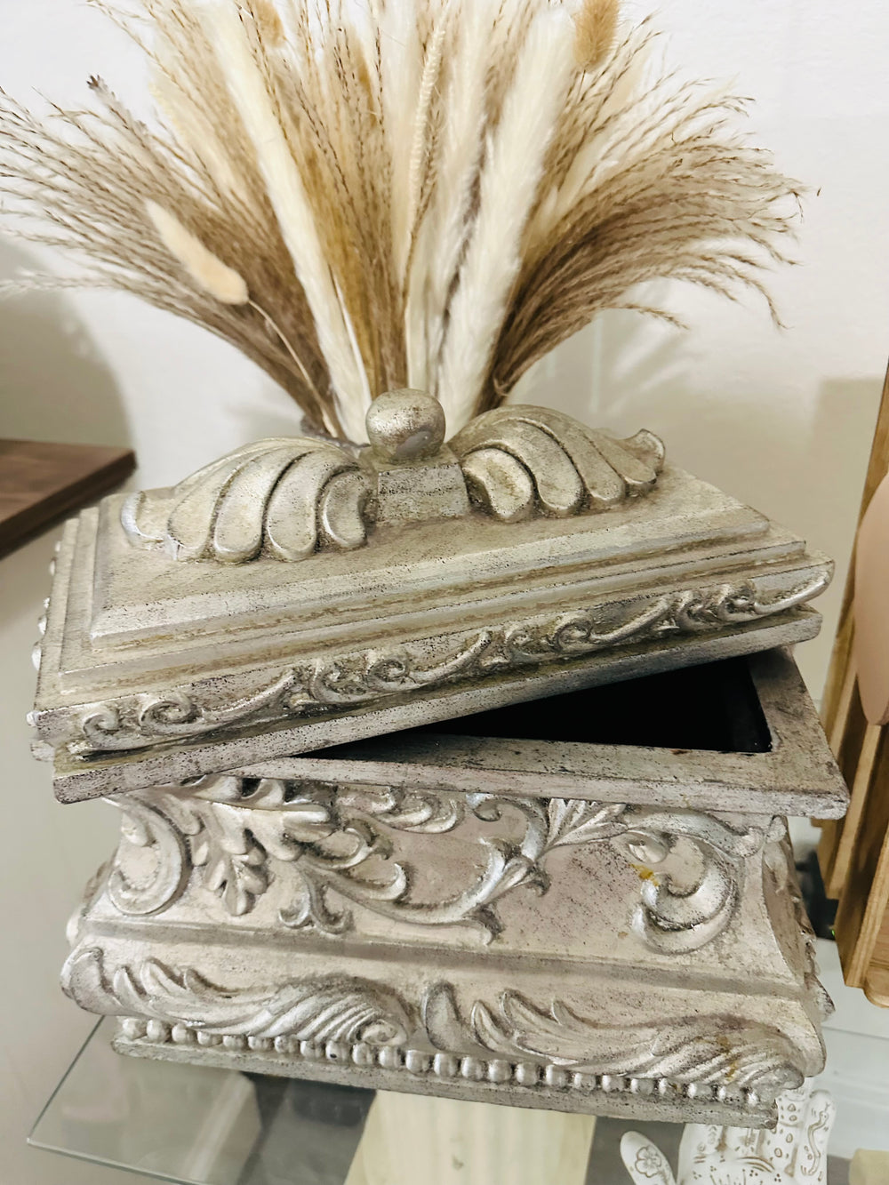 Victorian Hollywood Regency Baroque Style Jewelry Trinket Storage Carved Pewter Silver Box