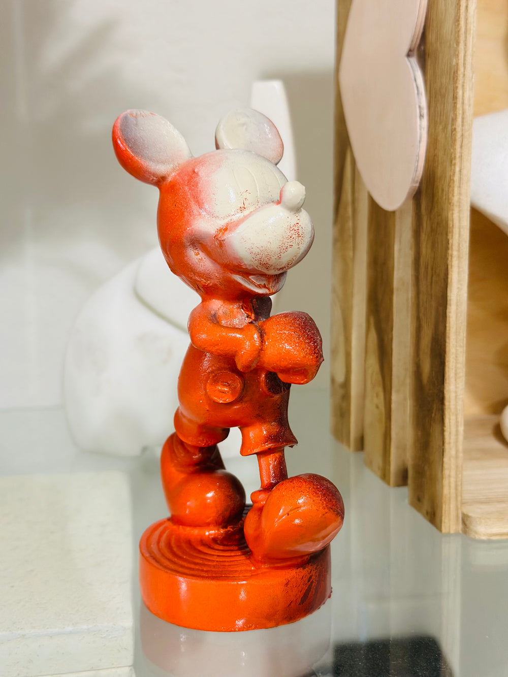 Mickey Mouse Wooden Figurine Pop Art Paint Drip Brown & Orange Ooak