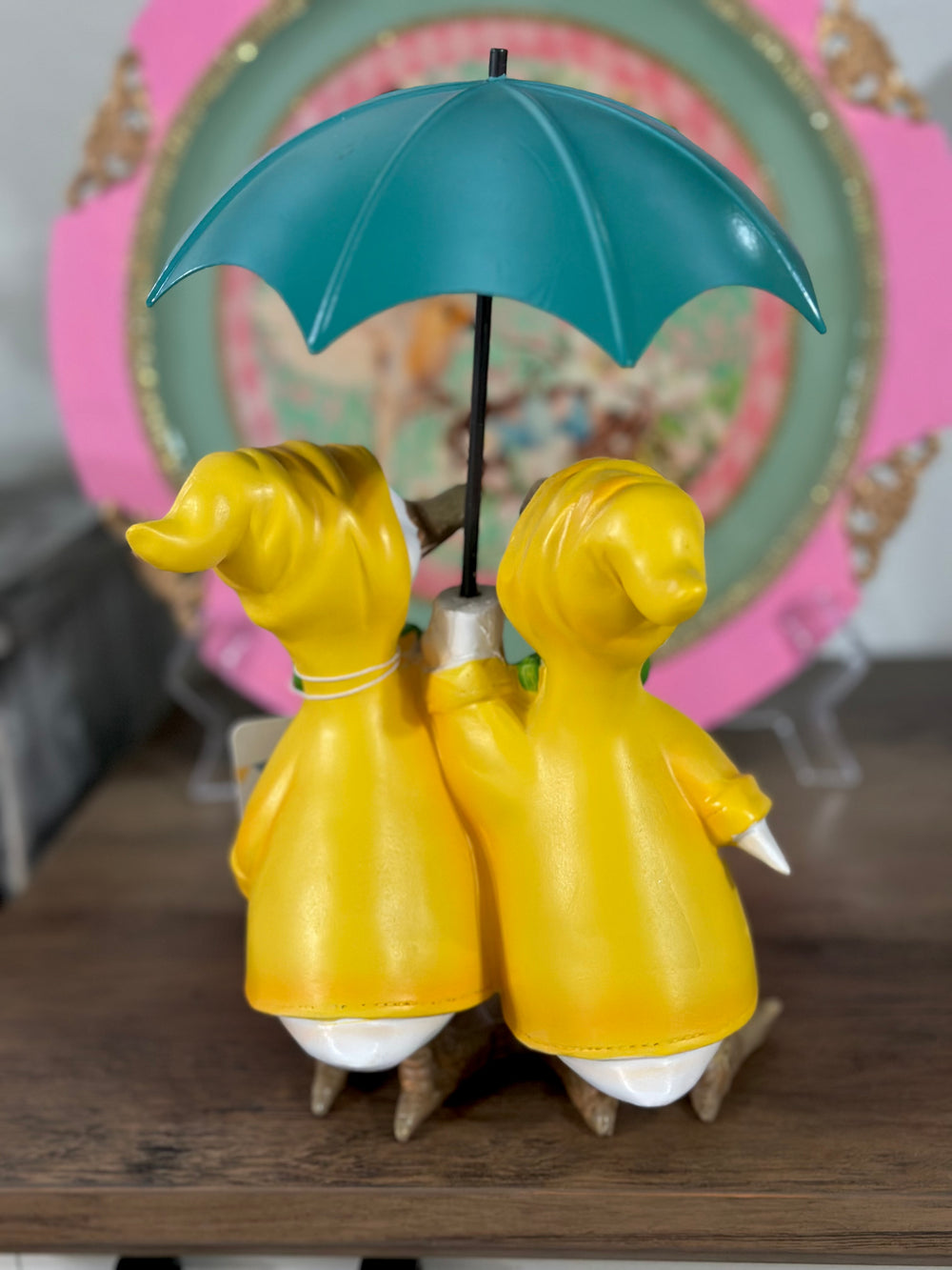 Ducks Wearing Yellow Raincoat & Holding Green Umbrella ~ Home Decor Figurine Spring Summer