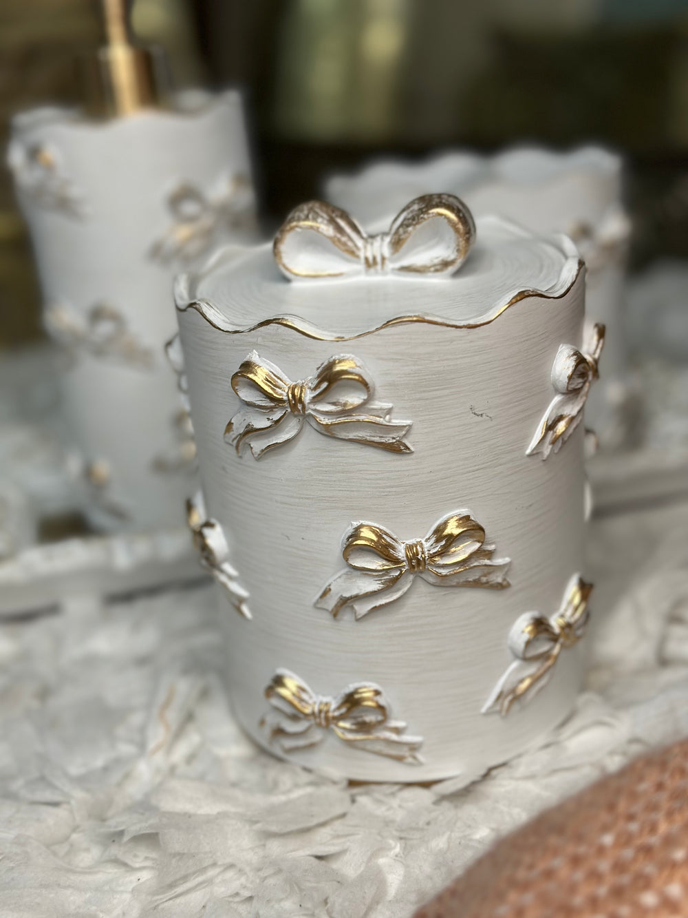 Bathroom 3 Piece Set Toothbrush Lotion~ Cotton ~ Swab Holder Shabby Chic Golden Bow Victorian Hollywood Regency