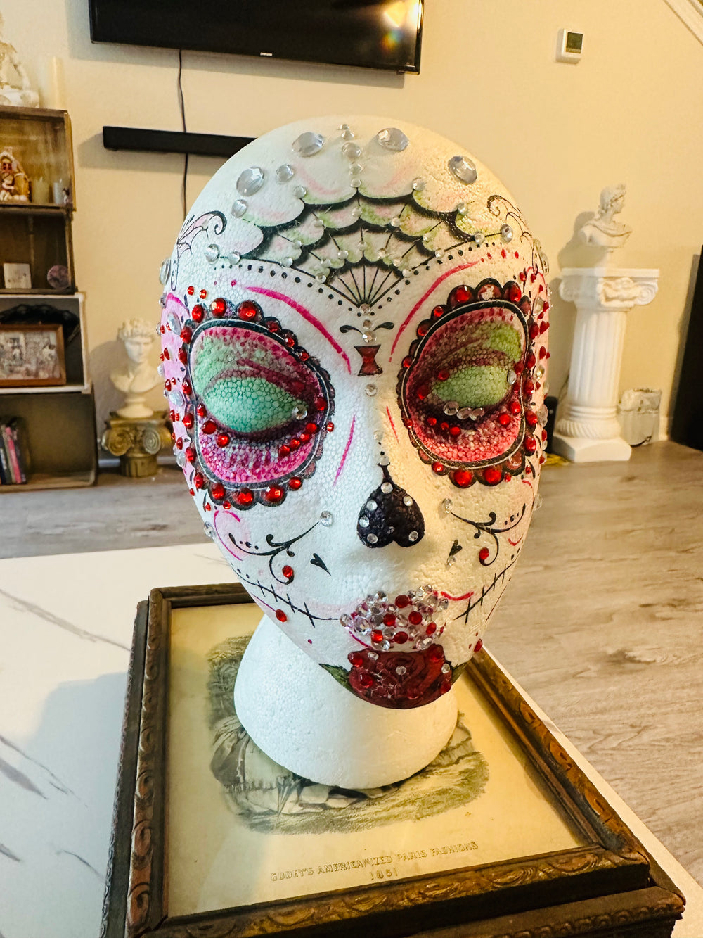 Handmade OOAK Mannequin Foam Head Rhinestone Dia De Los Muertos Home Decor Zombie