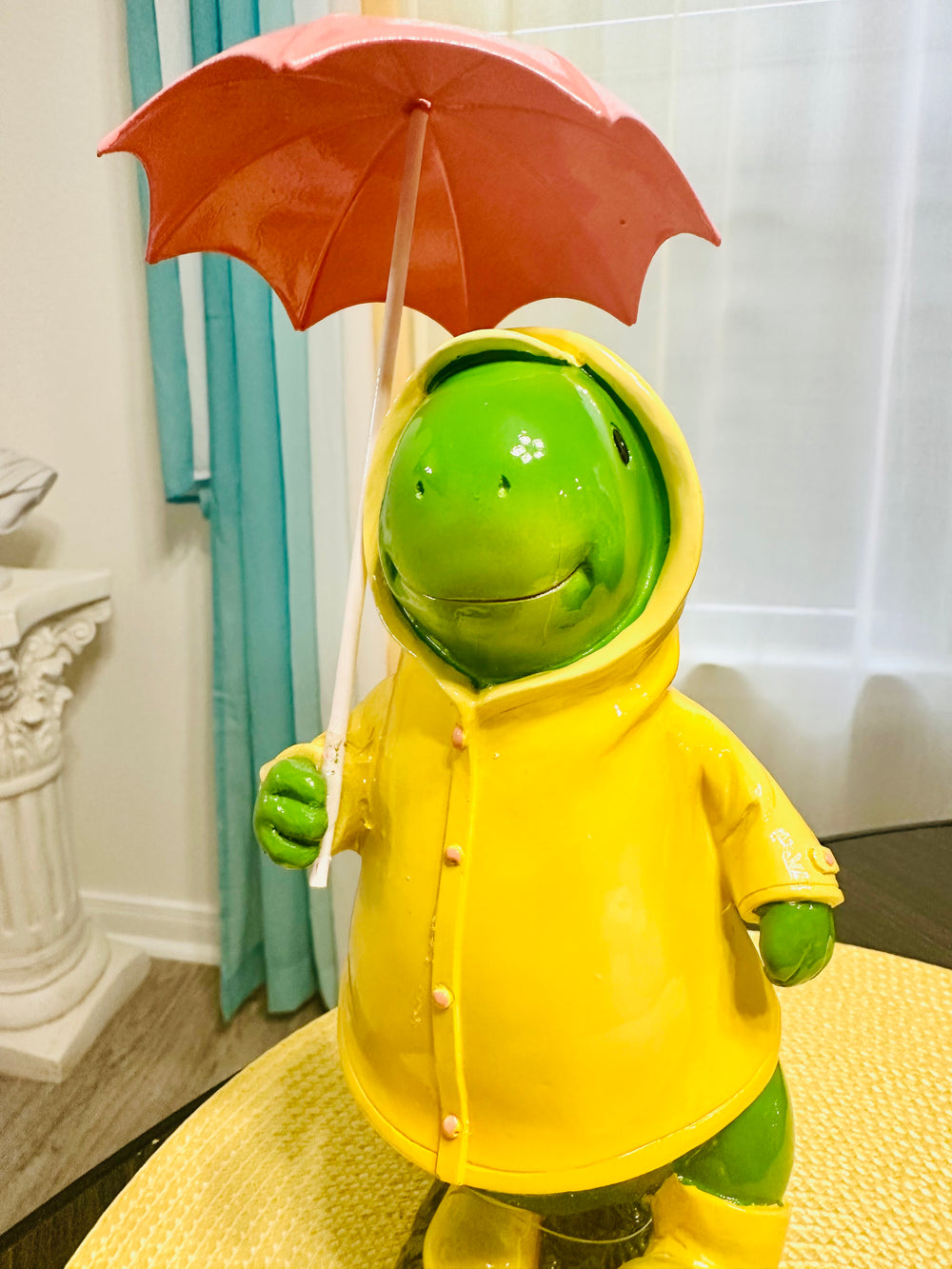 Happy T-Rex Dinosaur With Umbrella & Yellow Raincoat Figurine Spring Home Decor