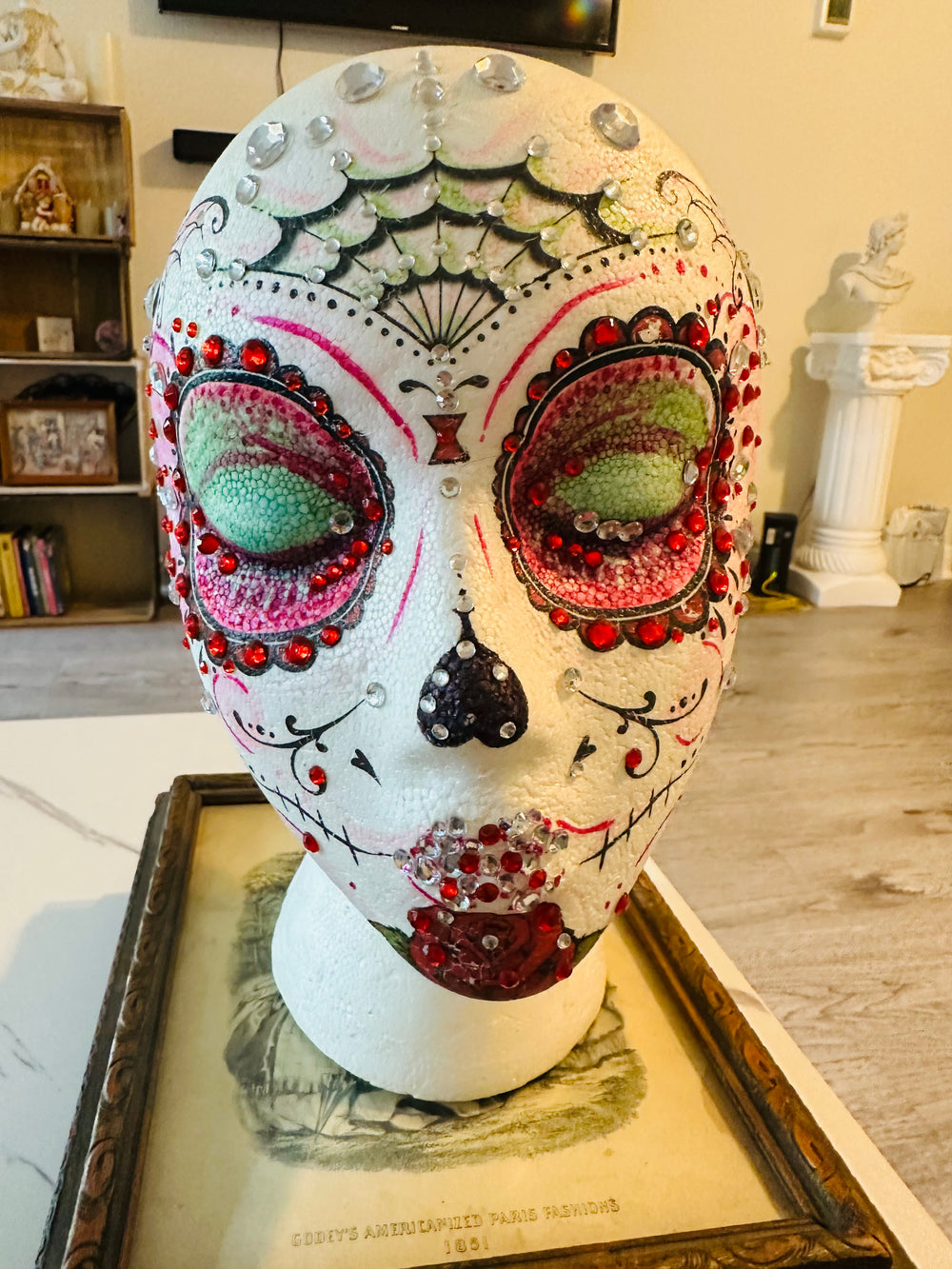 Handmade OOAK Mannequin Foam Head Rhinestone Dia De Los Muertos Home Decor Zombie