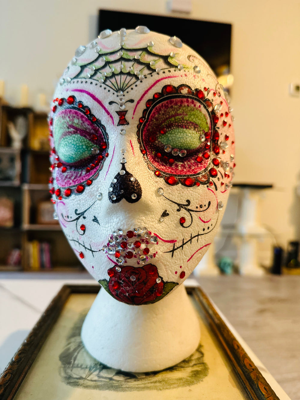 Handmade - OOAK - Mannequin Foam Head - Rhinestone - Dia De Los Muertos - Home Decor - Zombie - House Warming Gift