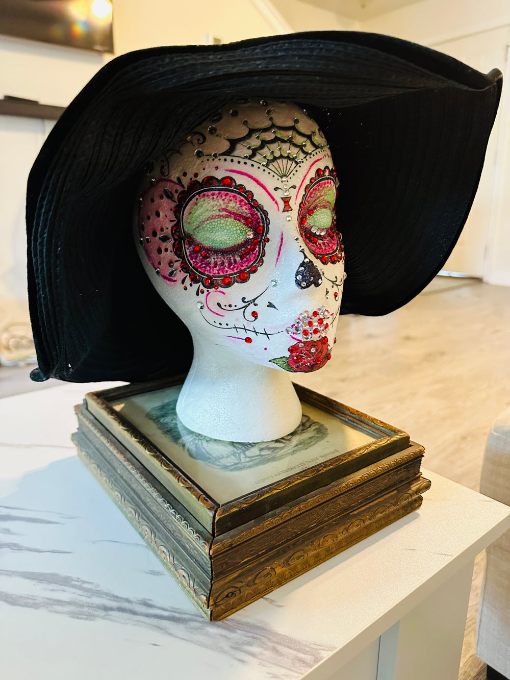 Handmade - OOAK - Mannequin Foam Head - Rhinestone - Dia De Los Muertos - Home Decor - Zombie - House Warming Gift