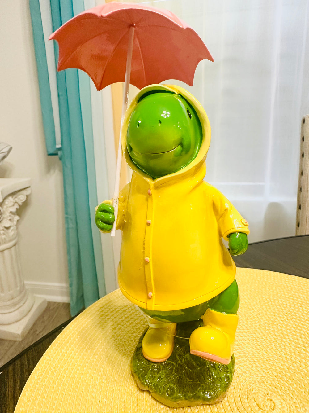 Happy T-Rex Dinosaur With Umbrella & Yellow Raincoat Figurine Spring Home Decor
