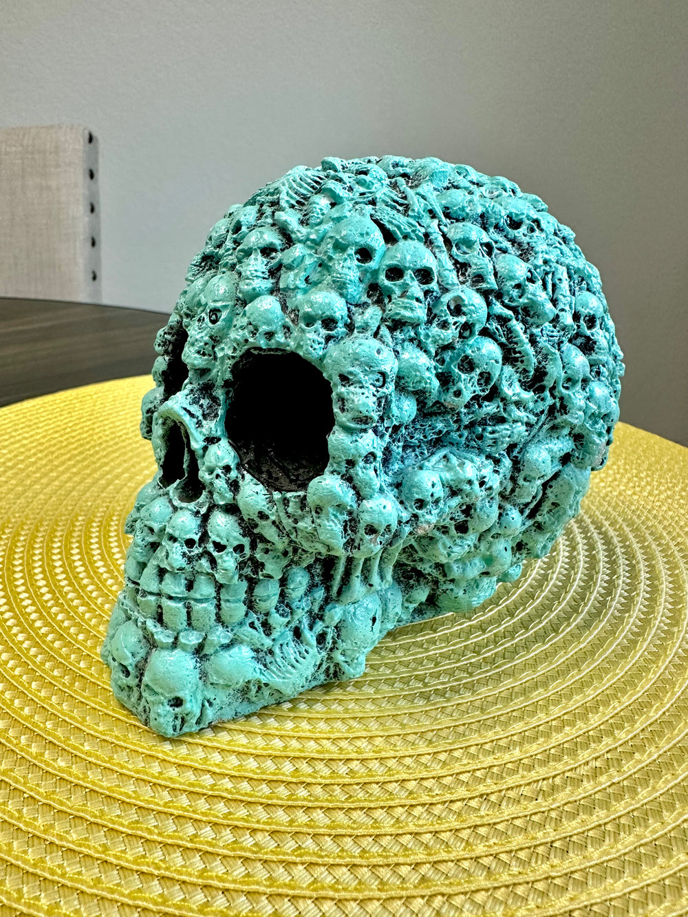 Blue & Black Handmade Statue Garden Skull Head - Skeleton Pattern - Vintage - Oddity - Concrete - Concrete - Mystical