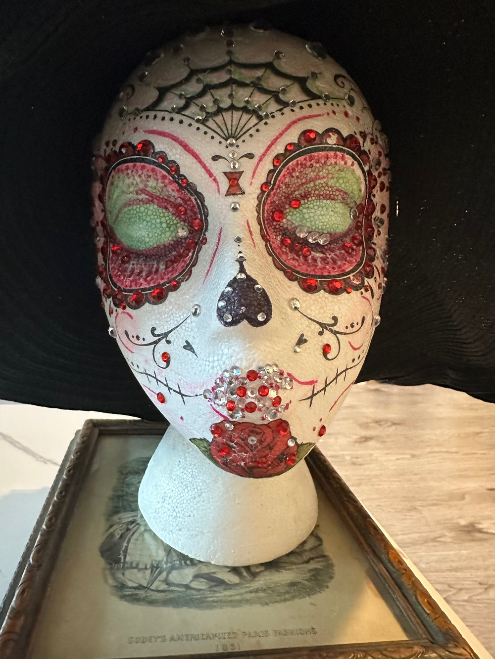 Handmade - OOAK - Mannequin Foam Head - Rhinestone - Dia De Los Muertos - Home Decor - Zombie - House Warming Gift