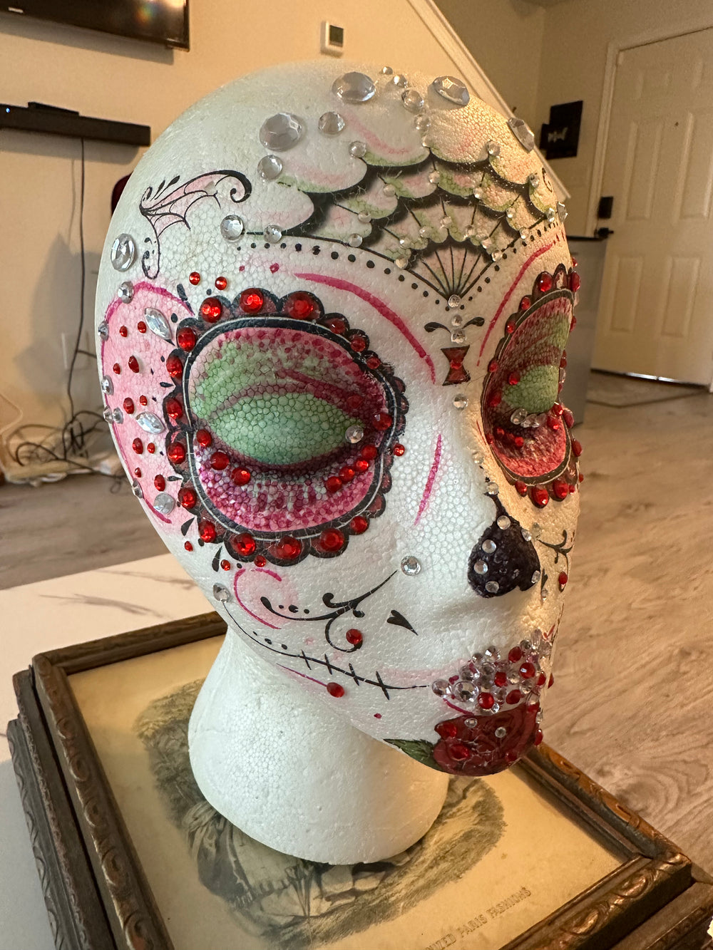 Handmade - OOAK - Mannequin Foam Head - Rhinestone - Dia De Los Muertos - Home Decor - Zombie - House Warming Gift