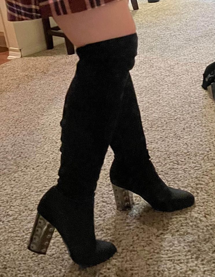 Carlos Santana Thigh High Wide Calf Women's Quantum Fashion Gothic Rave Boots w Metallic Heels 9.5
