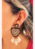 Brown Festival Boho Seed Beaded Heart Ball Drop Rhinestone Earrings