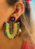 Mardi Grass Carnival Inspired Beaded Iridescent Feather Boho Hippie Indian Multi Color Dangle Drop Earrings