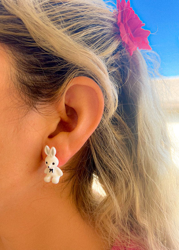 White Cute Bunny Happy Easter Metal Stud Earrings