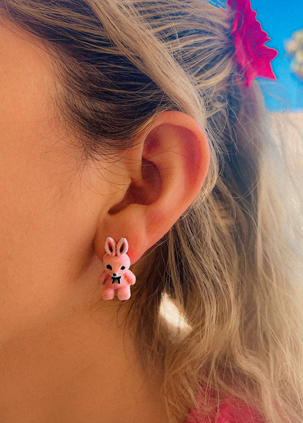 Cute Pink Bunny Happy Easter Metal Stud Earrings