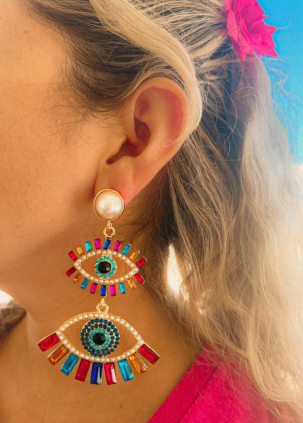 All Seeing Evil Eye Protection Large Rhinestone Pearl Earrings Boho Hippie Fashion