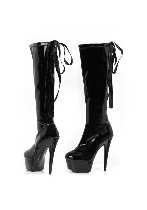 6 Pointed Stiletto Stretch Knee Boot W/Back Laces& Zipper.