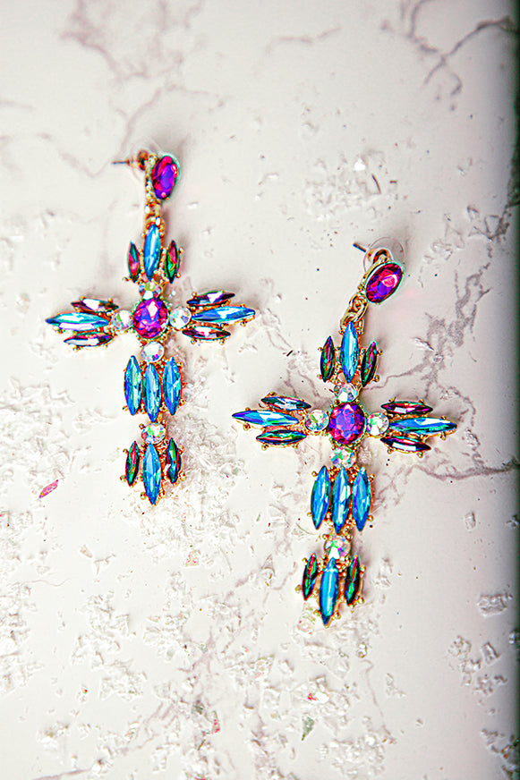 Large Colorful Rhinestone Dangle Cross Earrings