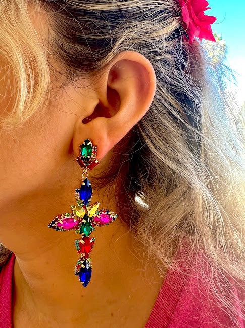 Colorful Cross Rhinestone Dangle Drop Earrings