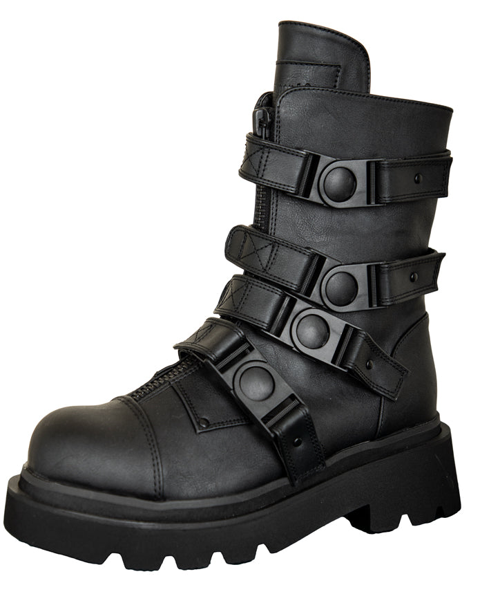 Black Pu Rave Platform Boots w/ Plastic Buckle Straps