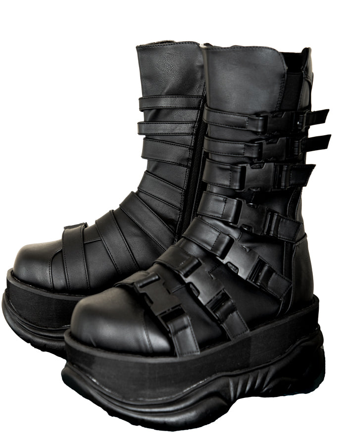 Unisex Platform Rave Boots w Multiple Buckles Side Gusset
