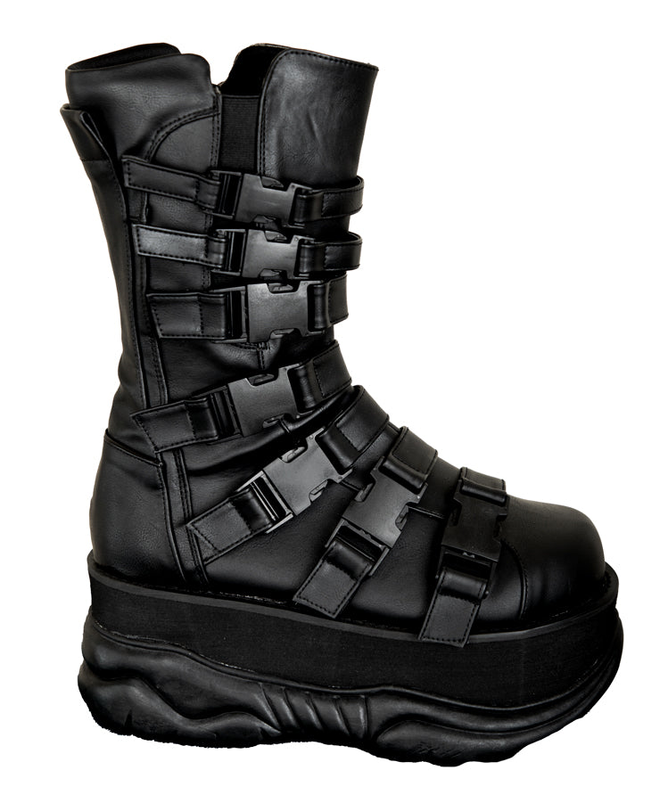 Unisex Platform Rave Boots w Multiple Buckles Side Gusset