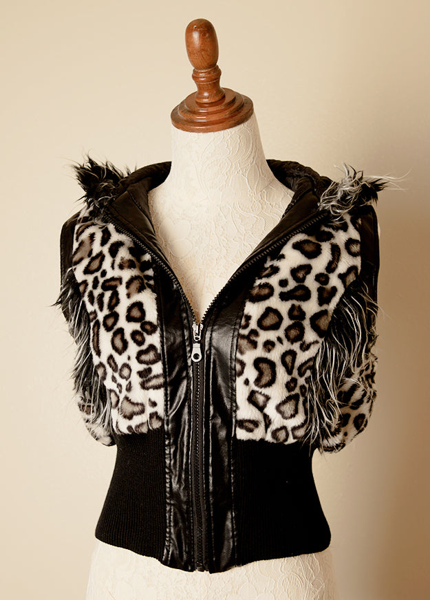 Vintage Cowgirl Furry Hoodie Cropped Zipper Cow Animal Print Jacket Rave Top Large